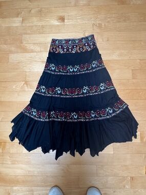 Gina B Heidemann Embroidered, Tiered Black Cotton Mexican Style Skirt